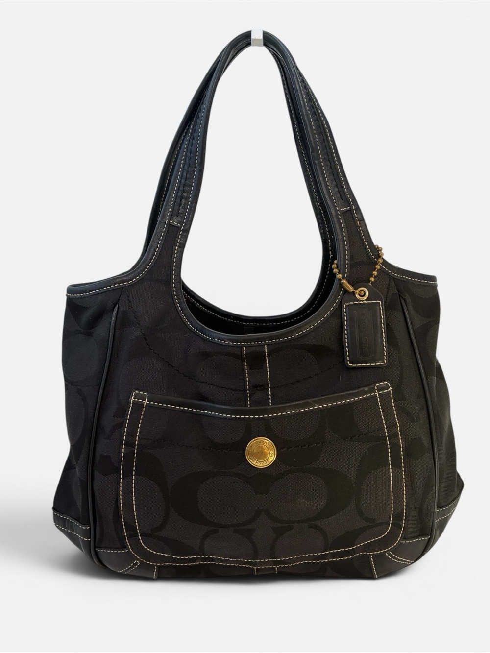 Coach Signature Black Jacquard Tote Bag Shoulder Handbag Leather Trim